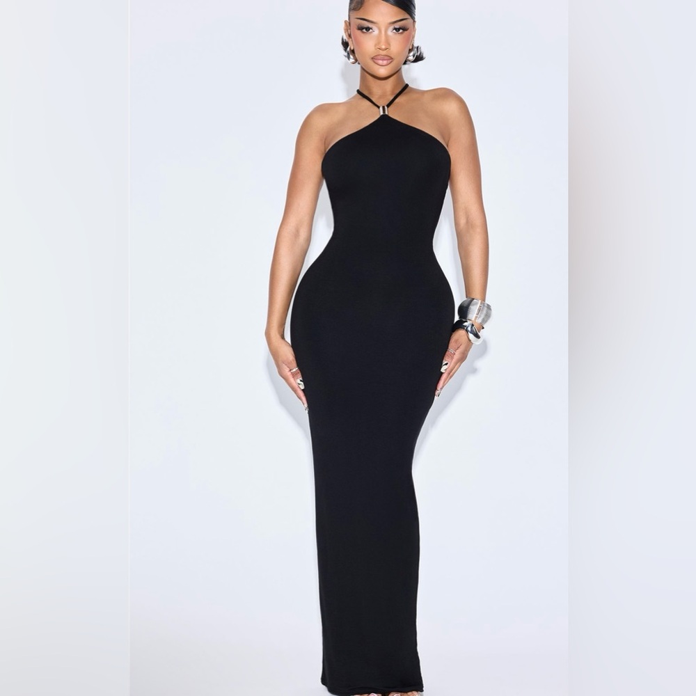 Fashion Nova Sleek Black Halter Maxi Dress